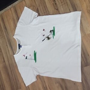 Vtg KAREN SCOTT White Embroidered Frogs Golfing Golf Buttons Novelty Golf Polo